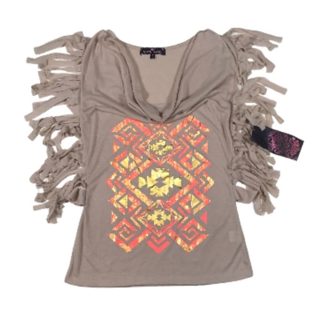 Almost Famous Fringed Polyester Top in Tan | Size M